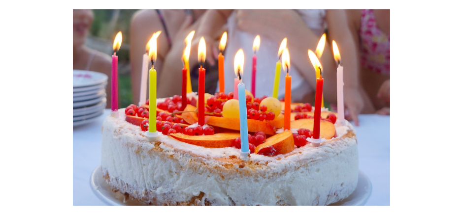 Bursdagskake med tente lys.